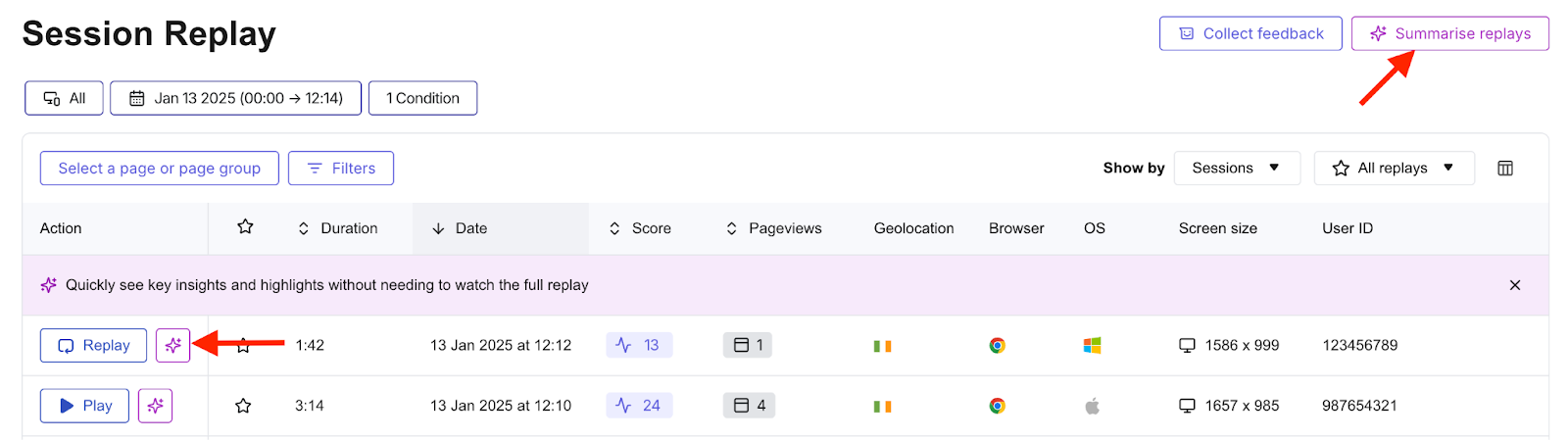Entry points to access Session Replay Summaries