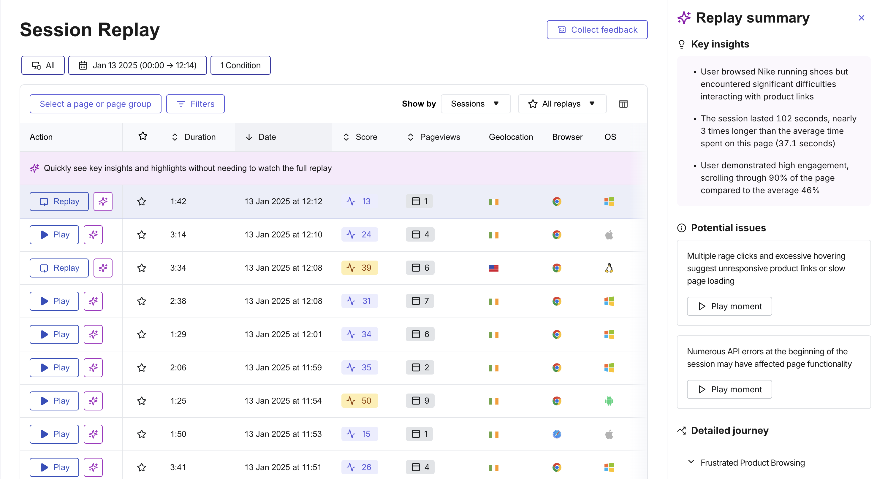 Exemple de résumés de replays de session dans Contentsquare
