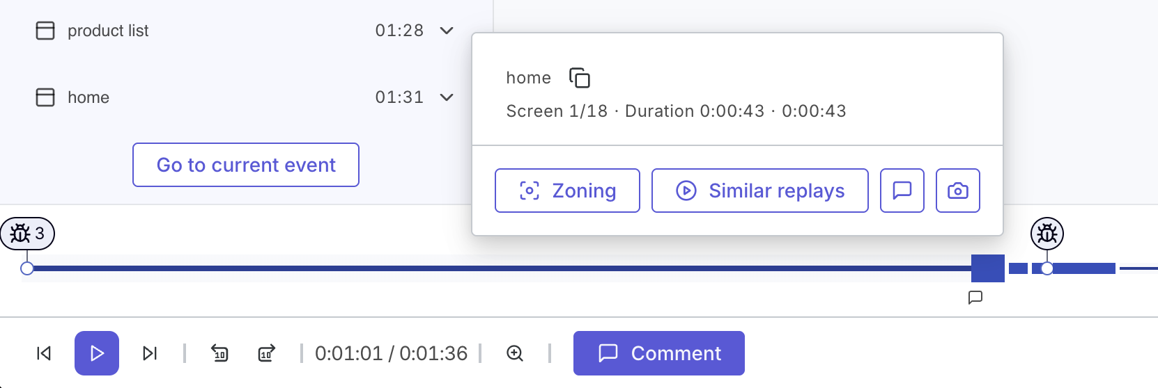 Session replay player for apps - player timeline - hover for additional actions.png