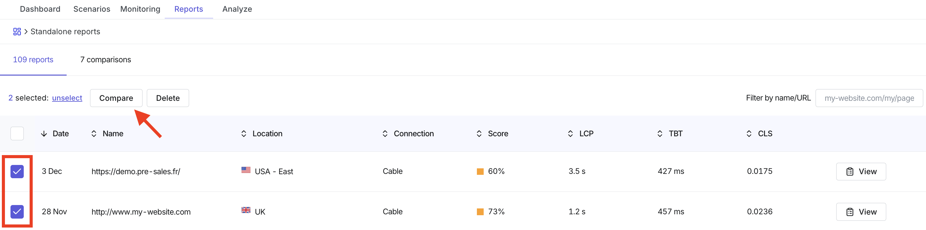 Synthetic Monitoring - Reports - Compare existing reports.png