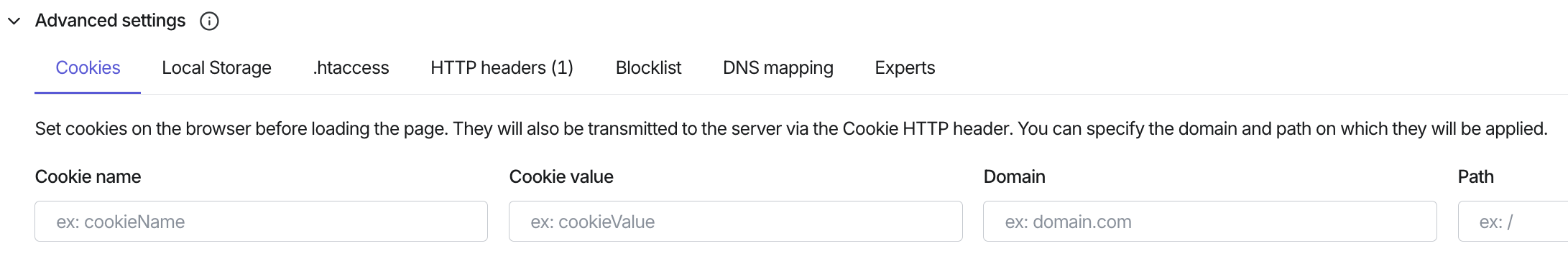Synthetic Monitoring advanced test settings - cookies.png