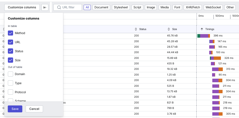 Synthetic Monitoring waterfall - customize columns and filters.png